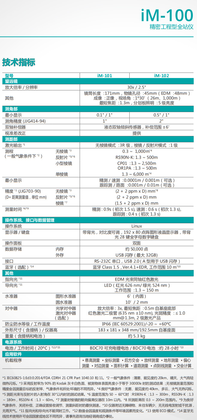 索佳IM-101/IM-102精密全站儀技術(shù)參數(shù)